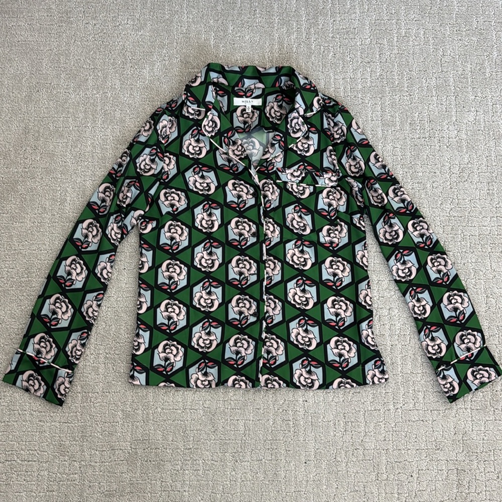 Milly floral blouse button up down pink floral geometric all over print